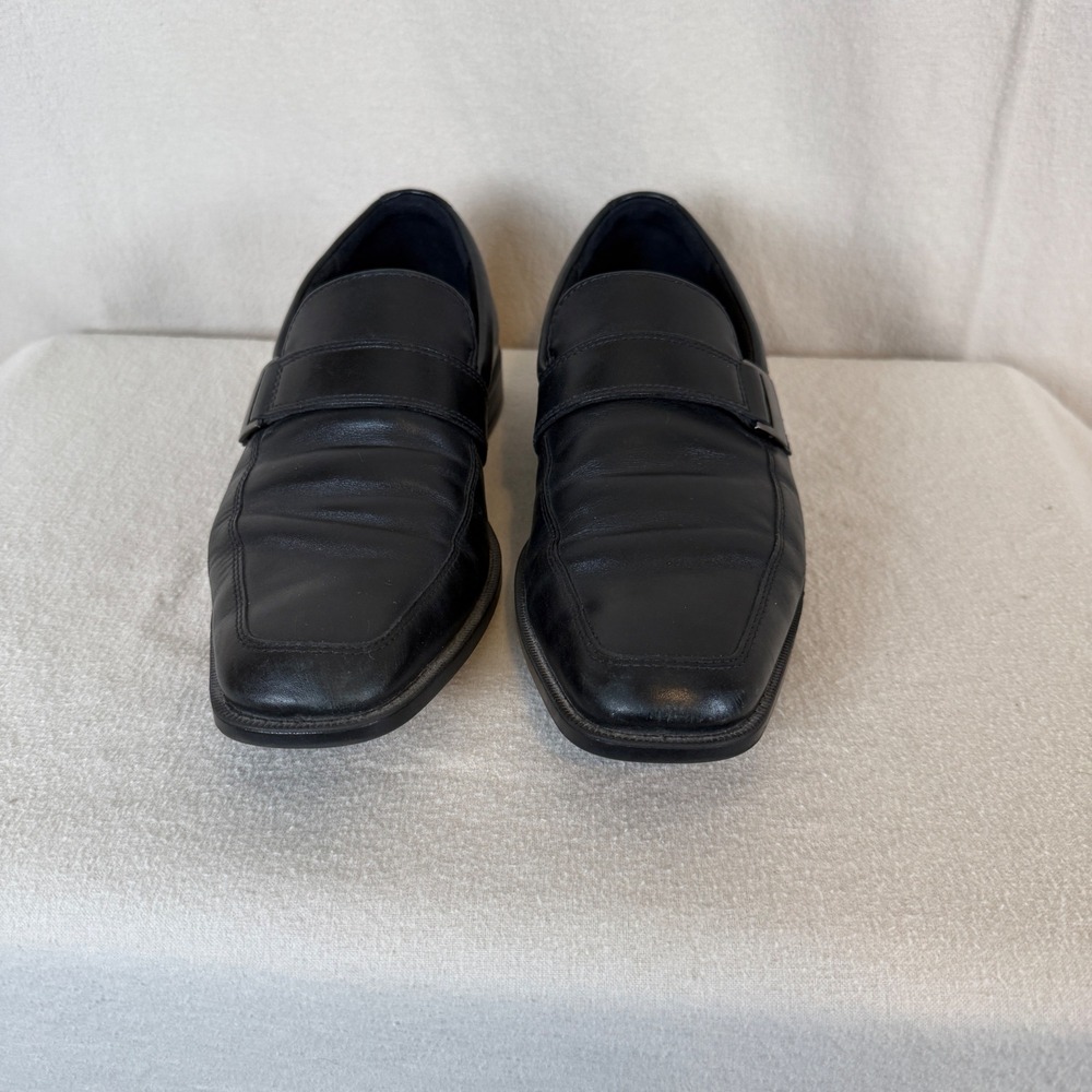 ECCO Mens Black Leather Square Toe Loafers Buckle Slip On Dress Shoes Size 41